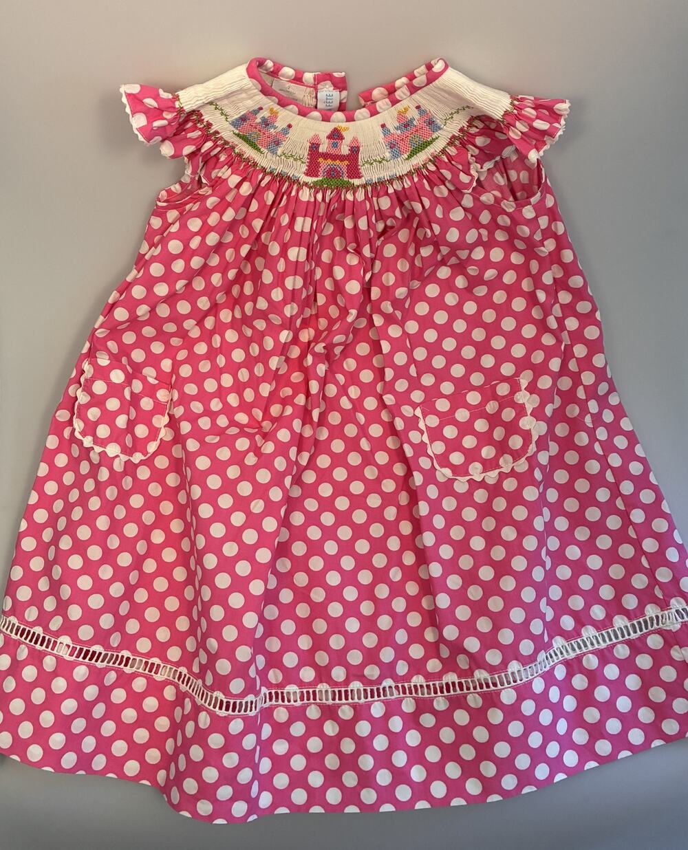 Vive La Fête Girls 2T Pink Polka Dot Smocked Castle Bishop Dress Scallop Pockets